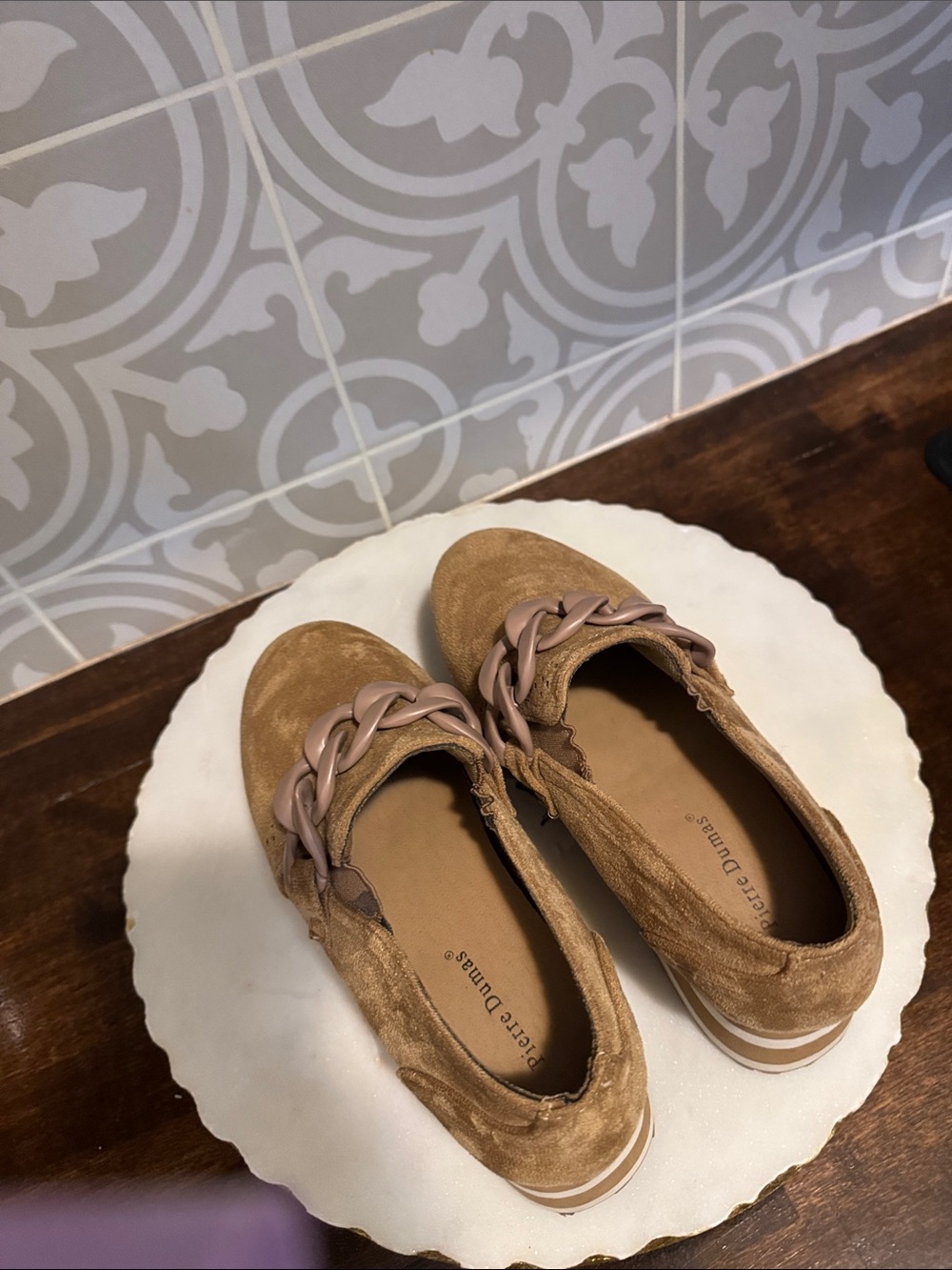 Pierre Dumas Tan Suede Platform Slip-On Loafers with Chain Accent - Picture 8 of 10